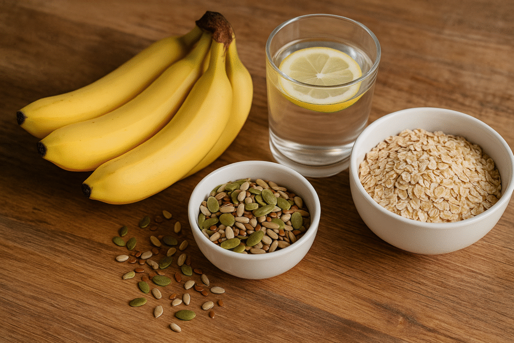 Banane, miele, semi e infuso naturale su tavolo di legno – ingredienti per rimedi naturali