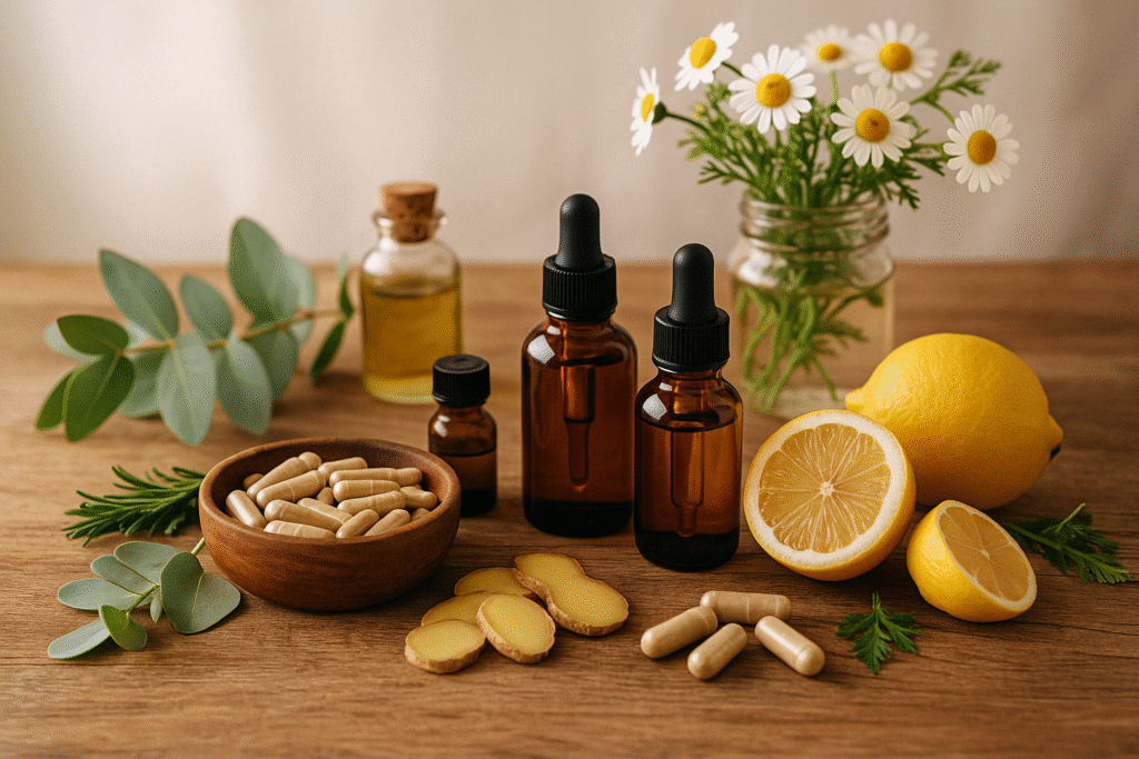 Tisana alle erbe naturali servita in tazza fumante su un tavolo in legno, con limone e foglie fresche accanto