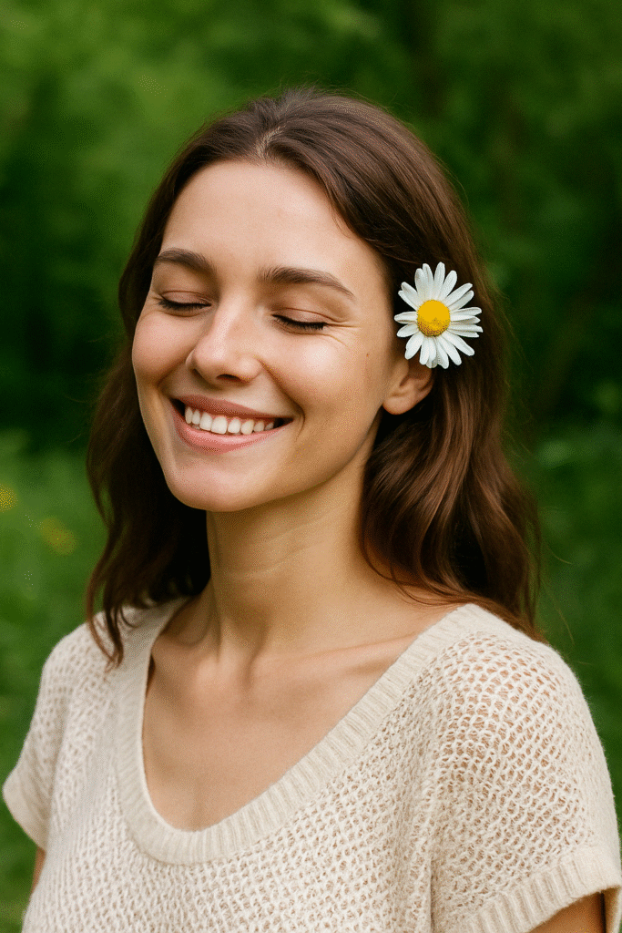 Donna sorridente in un ambiente naturale, simbolo di benessere e salute naturale