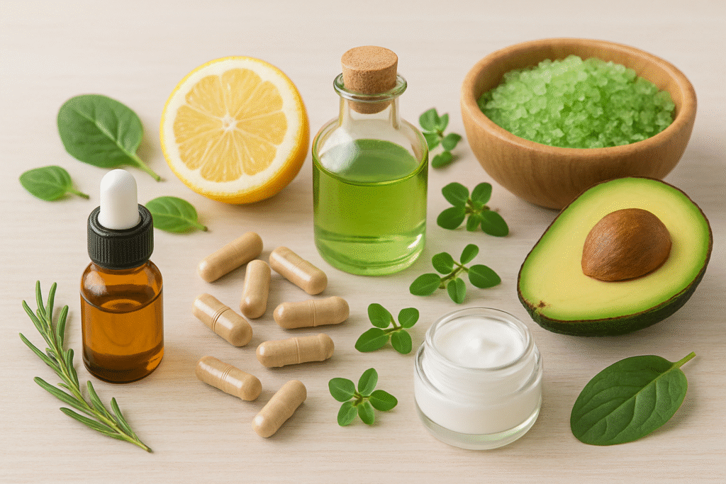Tavolo con capsule, limone, foglie verdi e flaconi naturali – rimedi naturali per dolori articolari