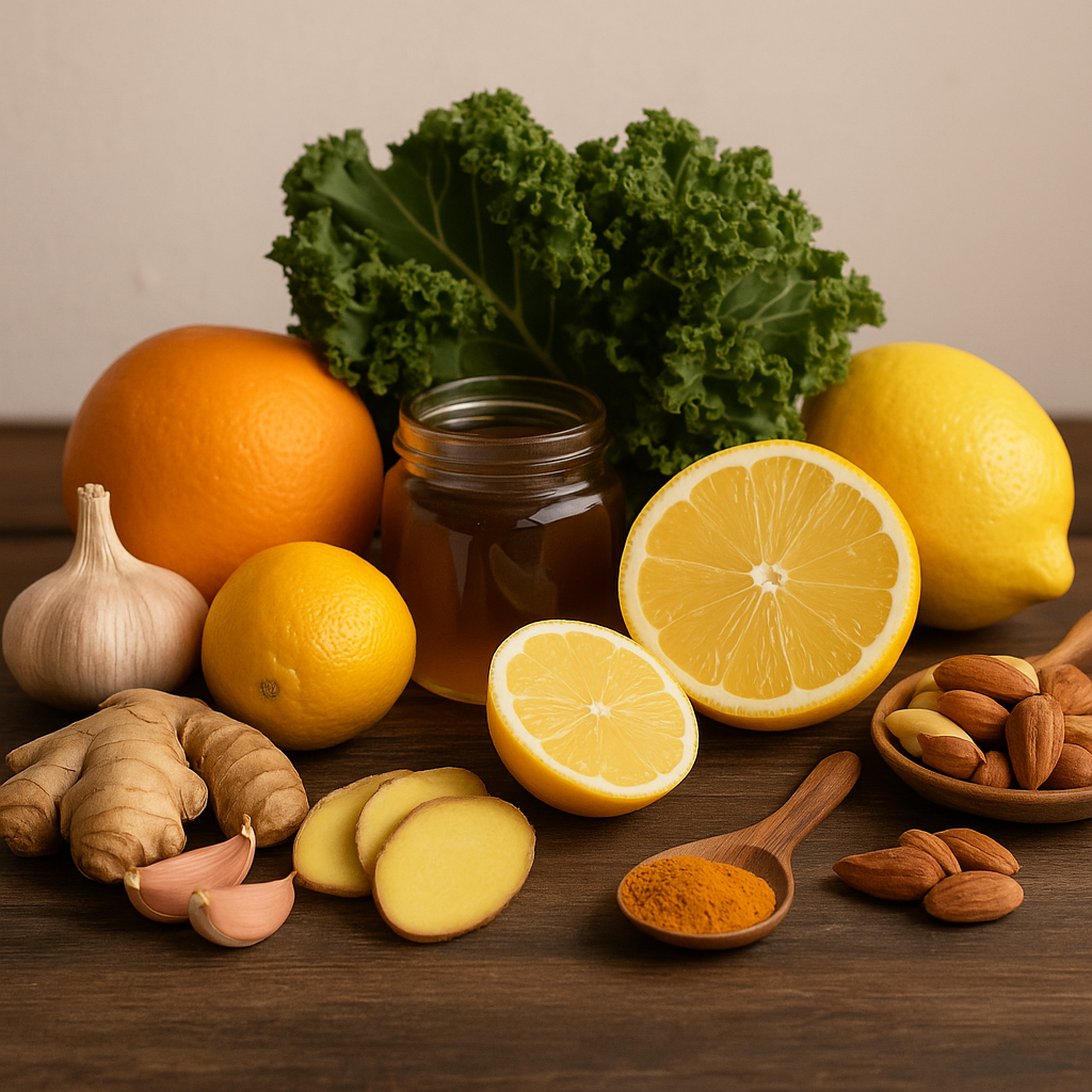Frutti agrumati, aglio, zenzero e verdure naturali su sfondo scuro – salute e rimedi naturali