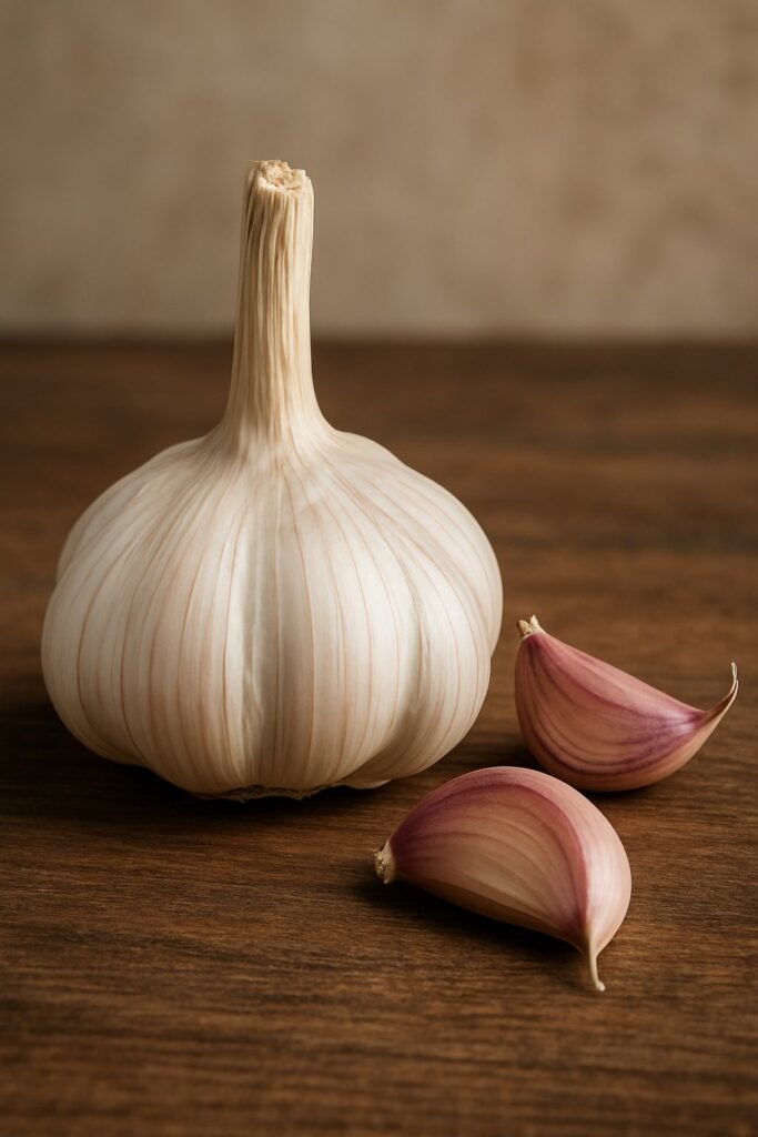 Bulbo di aglio fresco con spicchi sbucciati su sfondo rustico