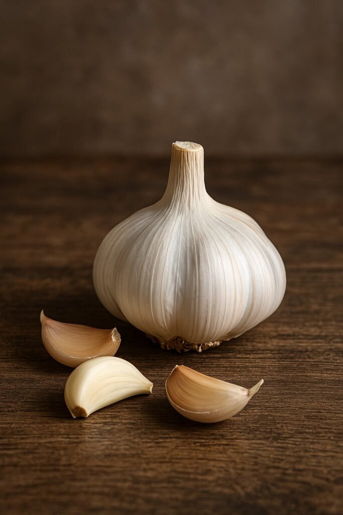 Bulbo di aglio fresco con spicchi sbucciati su sfondo rustico
