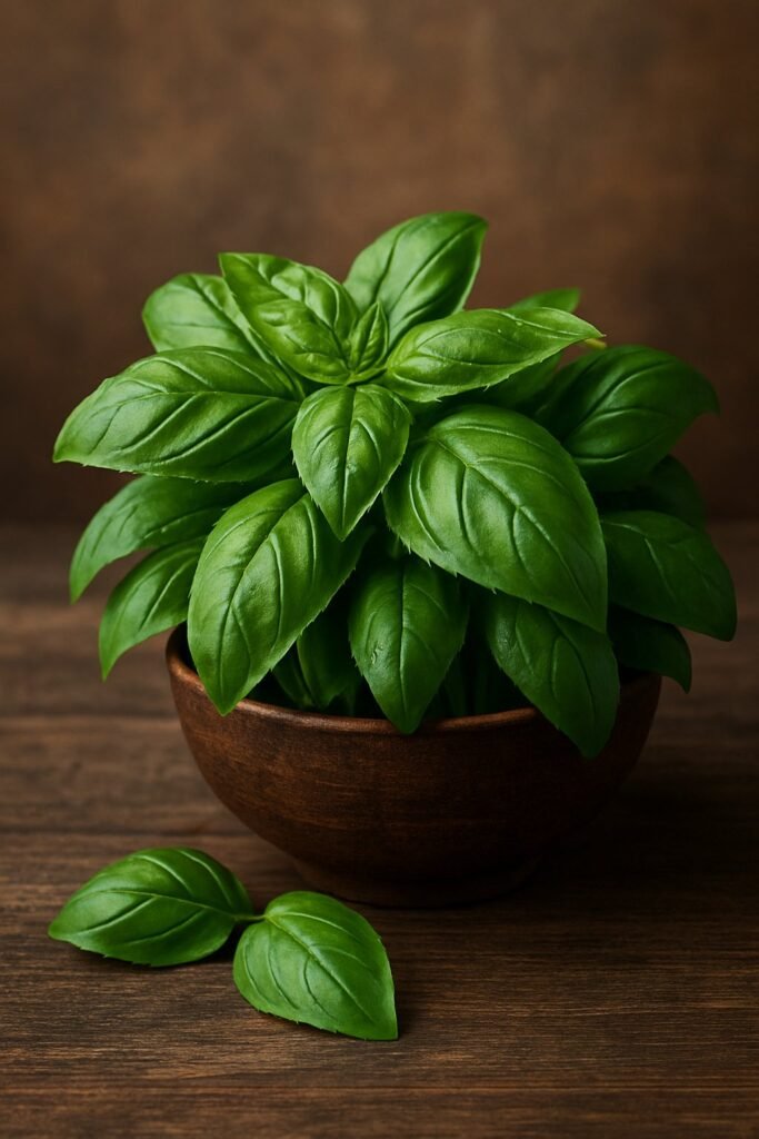 Foglie fresche di basilico in ciotola rustica su sfondo di legno