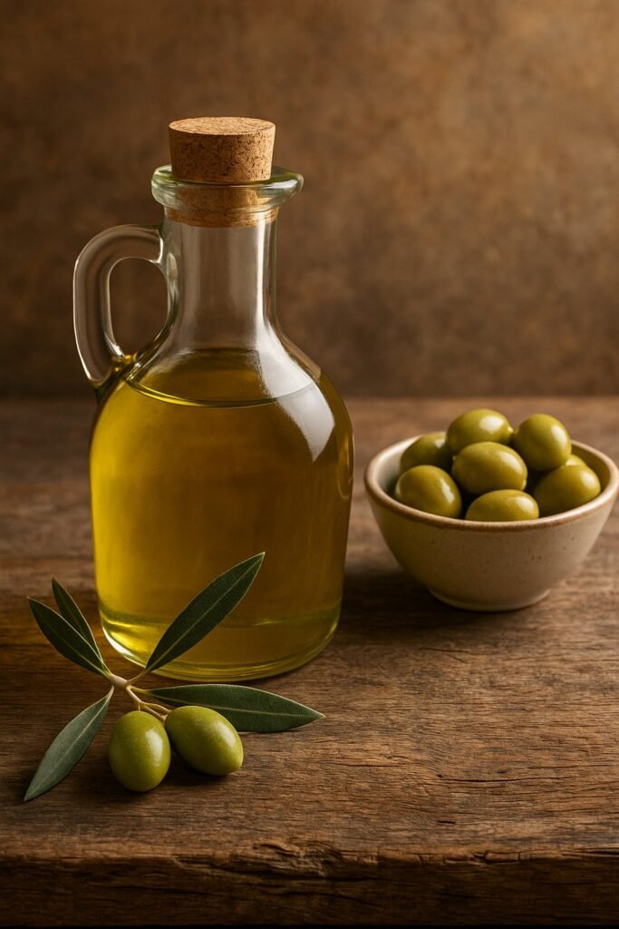 Bottiglia di olio extravergine d’oliva con ciotola di olive verdi e foglie fresche su tavola rustica