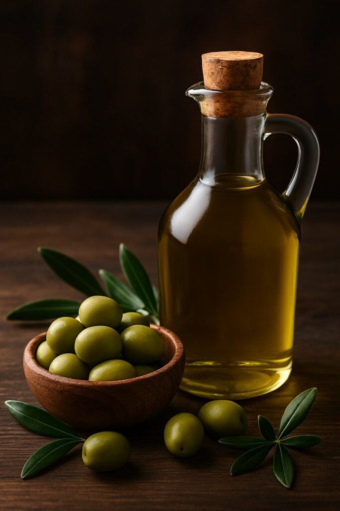 Bottiglia di olio extravergine d’oliva con ciotola di olive verdi e foglie fresche su tavola rustica