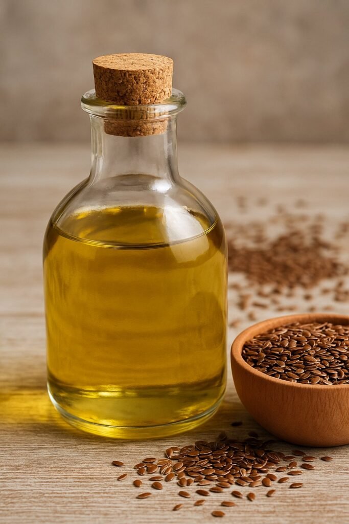 Bottiglia di vetro con olio di lino e semi su tavola rustica