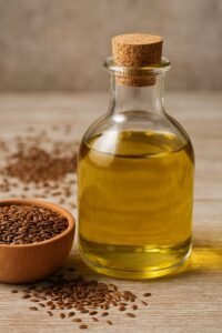 Bottiglia di vetro con olio di lino e semi su tavola rustica
