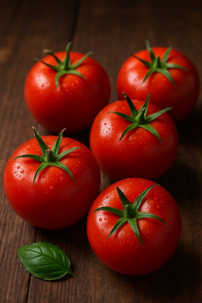 Cinque pomodori rossi con gocce d'acqua su tavola rustica in legno