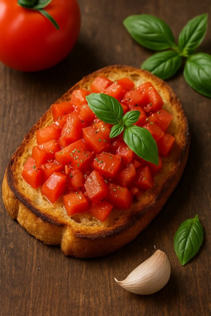 Bruschetta con pomodori a cubetti, basilico e aglio su pane tostato rustico