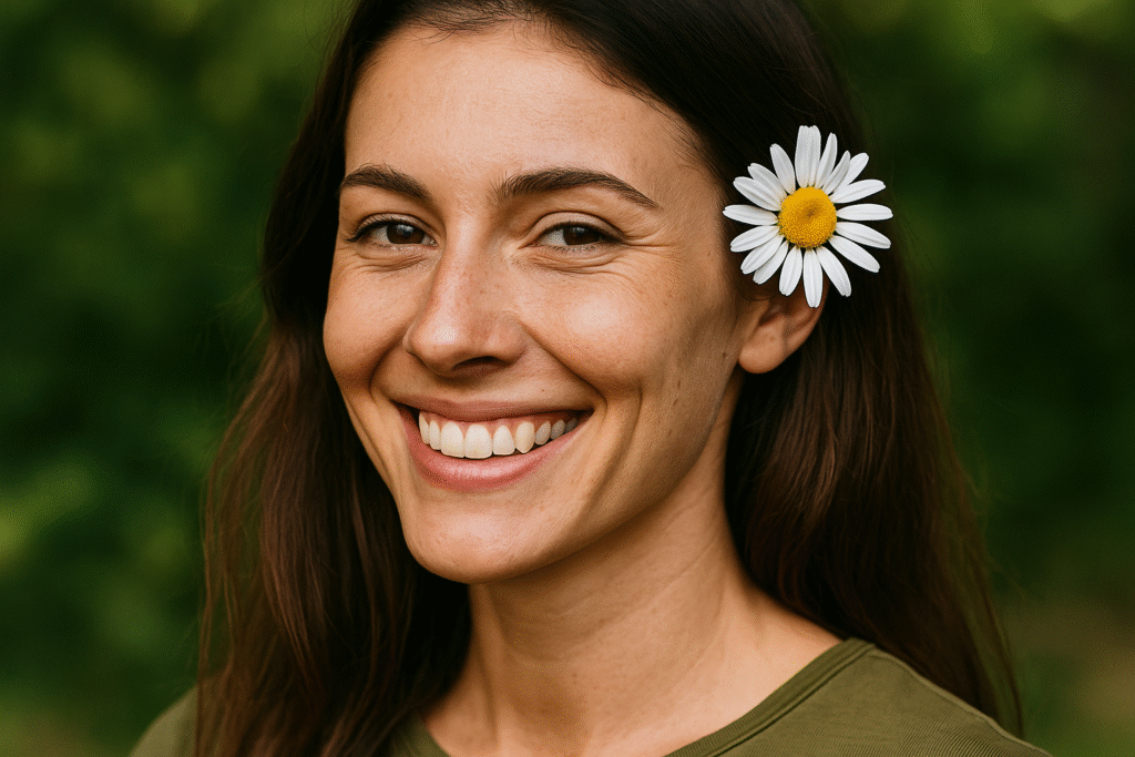 Donna sorridente in armonia con la natura, rappresenta la bellezza naturale
