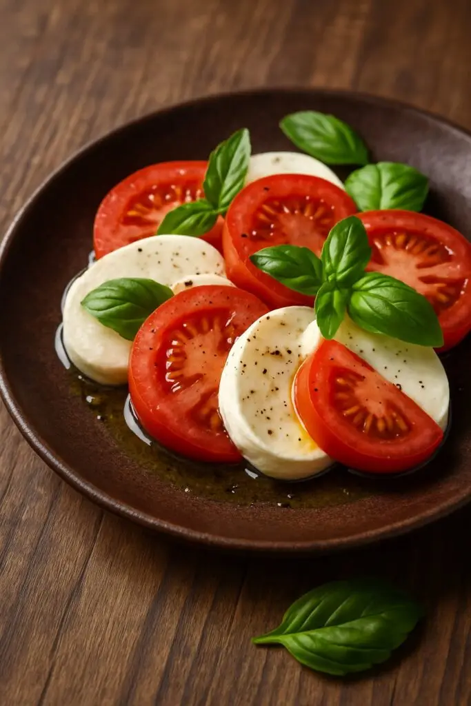 Insalata Caprese servita su piatto rustico con pomodori, mozzarella e basilico