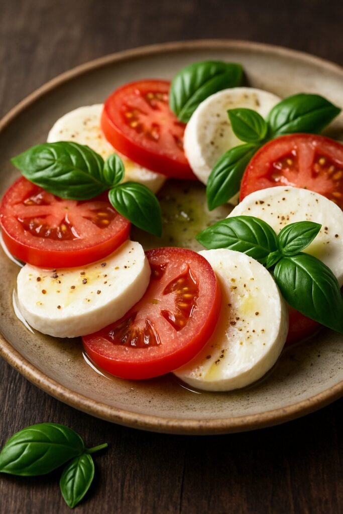Insalata Caprese servita su piatto rustico con pomodori, mozzarella e basilico