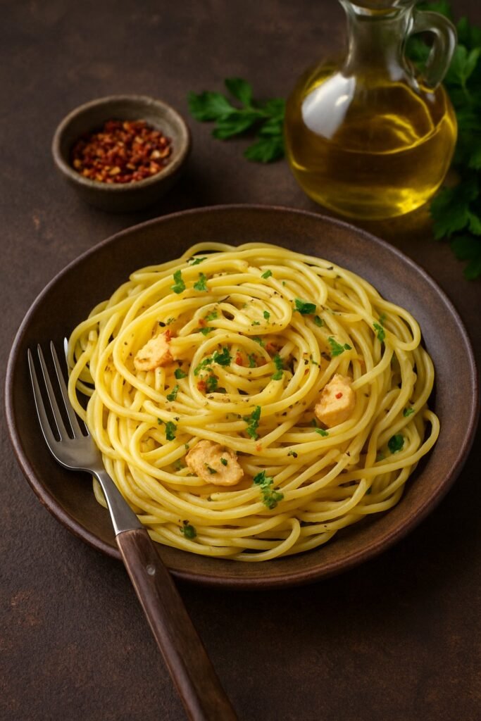 Spaghetti aglio e olio con aglio croccante, prezzemolo tritato e olio d'oliva